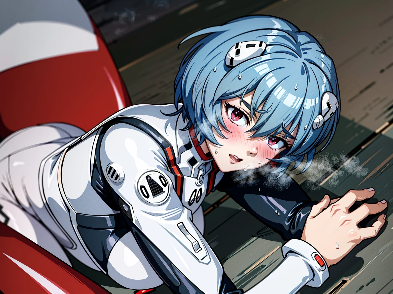 ((Highest quality, 8k wallpaper)),(masterpiece, Highest quality),Very detailed,High resolution,(Official Art:1.3),(((Anime screenshots,Black outline))),One girl,alone, Break mer1,(Rei Ayanami {Neon Genesis Evangelion,}1.2),masterpiece, best quality, outdoor, 1girl, Solo,red eyes,short hair,blue hair, (White plug suit:1.4), skin tight,(Tired look, A look of regret, Struggled, Half-closed eyes, fear, humiliation, Frightened, anxiety:1.3),(((Covered in sweat, Mass sweat, Sweating profusely,steam:1.7))), (lying on side, Look Up:1.8), (Dirty Costume with mud,gym storeroom:1.5)(((sweat,Sweatdrop,flying Sweatdrops, sweating profusely,wet,wet clothes,wet hair,messy hair))),