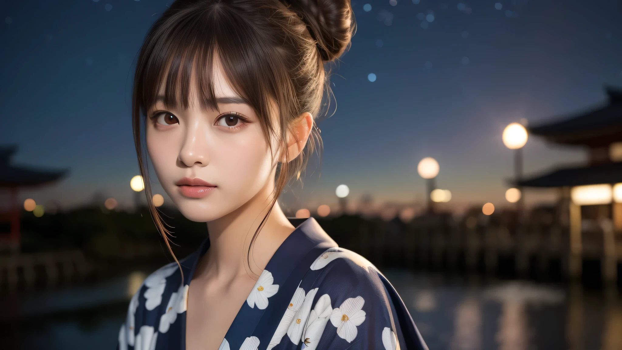 (1women), bun hair, (round eyes:1.2), (highly detailed face), (extremely detailed beautiful face), (floral pattern yukata), (Best Quality:1.4), (Ultra-detailed), extremely detailed CG unified 8k wallpaper, Realistic portrait, Beautiful detailed, High-definition raw color photos, professional photography, night sky, tanzaku, (Japan's Tanabata, Tanabata night), tanzaku, beautiful milky way, (fine face:1.2), focus on women