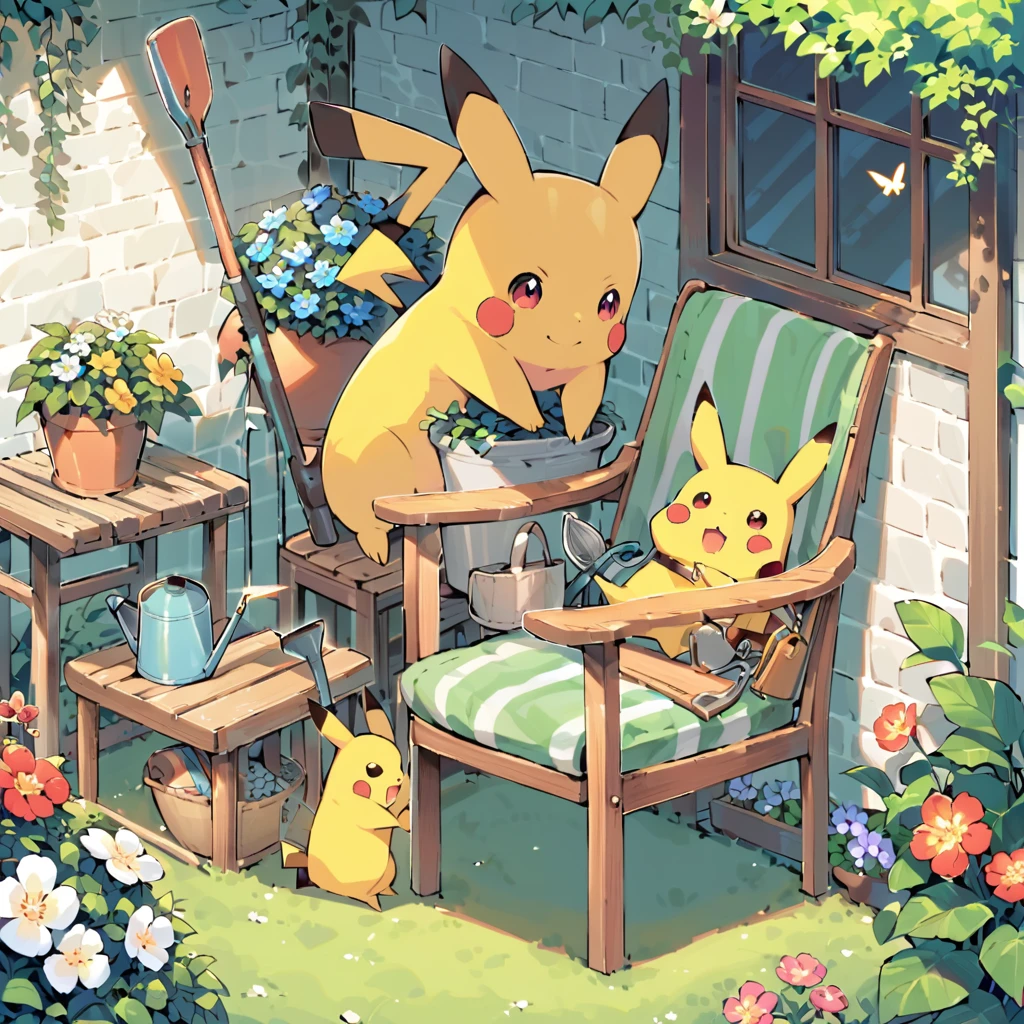 Draw a delightful illustration of Pikachu relaxing in a garden chair. Pikachu should be surrounded by blooming flowers and greenery, sitting comfortably with a smile. Include details like a watering can, garden tools, and butterflies flying around. The overall vibe should be fresh and lively.