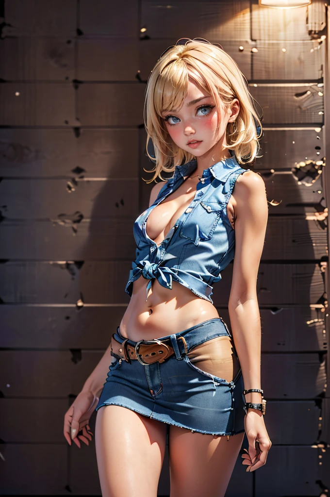 (((1 person:2.0))),(((Slim Body 1.5))),(((Small Ass))),(((Denim Super Mini Skirt:1.5))),(((Wear a belt:1.2))),(((Wearing a sleeveless collared shirt, Plaid, Front tie shirt.))),(((Wear a watch on your wrist))),(((Sandals))),(((Showing cleavage))),(((Showing your belly button))),(((Exposing thighs))),(((Small breasts:1.5))),(((Bare arms:1.5))),(((Her hair is blonde))),Beautiful detailed girl, Very detailed目と顔, 緻密でBeautiful Eyes, Very detailed, High resolution, Highest quality, masterpiece, Very detailed, 8k wallpaper, wonderful, finely, Highest quality,(((Standing in front of a wooden wall:1.5))),((Indoors at night:1.5)),Beautiful Eyes,(((Blushing:1.5))),(((Cowboy Shot:1.5))),(((Open your mouth:0.9))