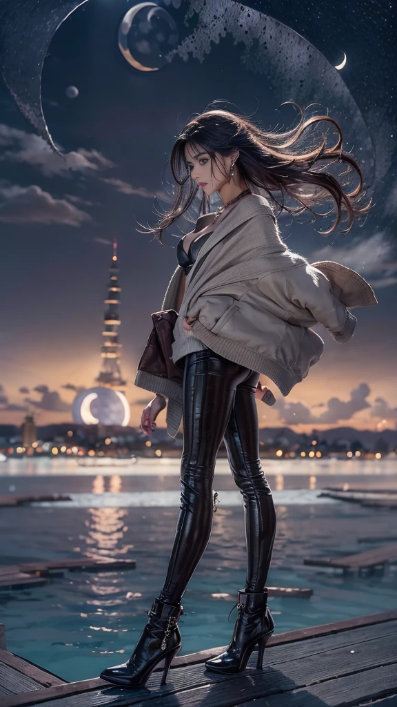 ((32k:1.5, Highest quality, masterpiece, Ultra-high resolution), Perfect dynamic composition, Professional camera work:1.6, Very detailedな肌と顔の質感:1.3, Mysterious portrait:1.2, Very accurate, Very detailed, One Girl, ((Night view from the rooftop, The moonlight at night illuminates my body)), (Black Satin Nightgown:0.5), Incredibly slim body, Very beautiful face, (Big eyes that exude beautiful eroticism:0.9, A dreamy look:1.0, I love you with all my heart:0.8, Please open your mouth a little, lipstick, Feel the beautiful eroticism:0.7), (Wet dark brown medium length hair), Candles, The chest is medium, Earrings, necklace, bracelet, Tilt, get up, ((attractive, Hair blowing in the wind))