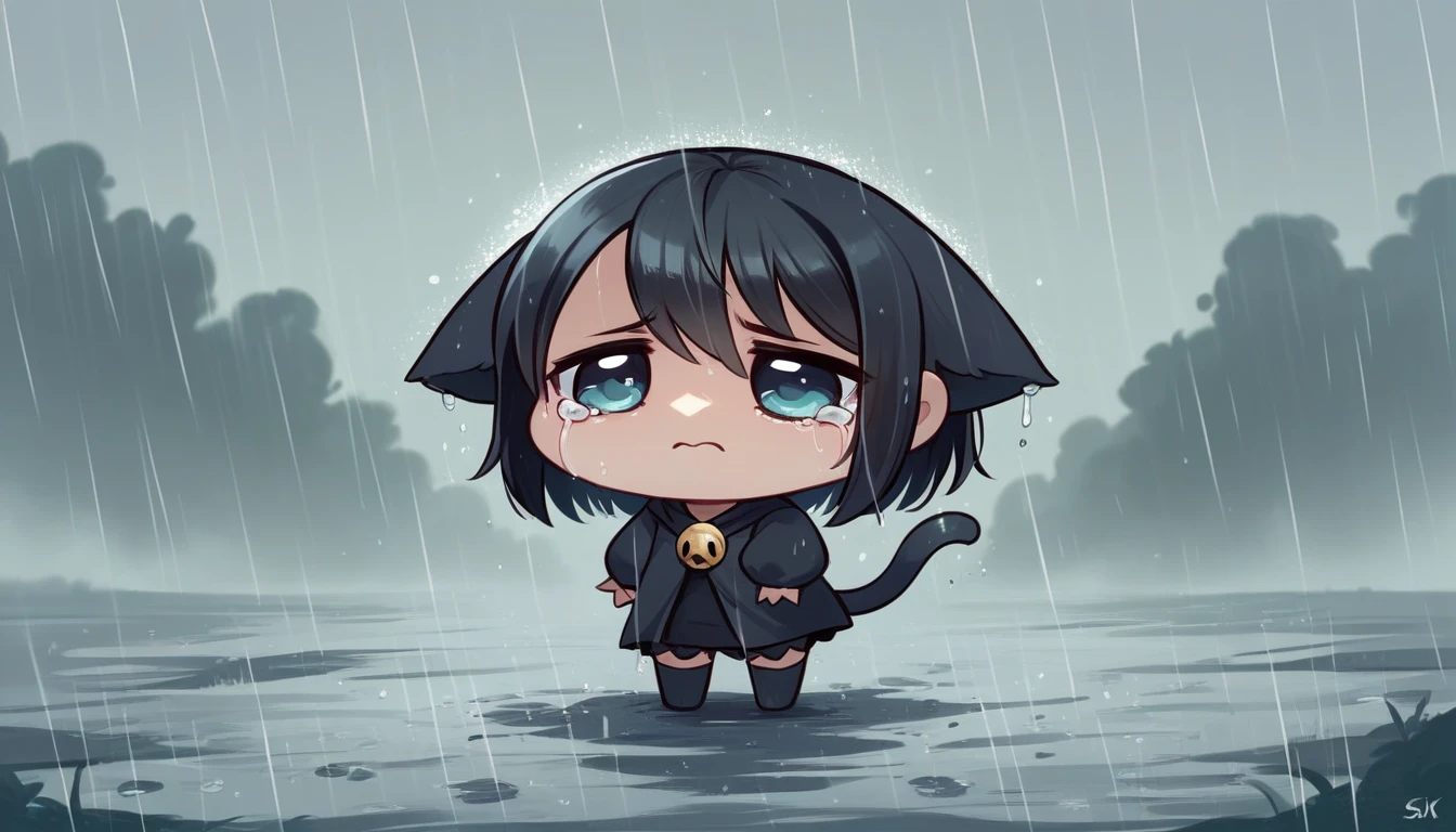 (best quality,4k,highres,ultra-detailed,masterpiece:1.3), black cat, black hair, cute anime girl, Fine art, chibi caracter, sad, sorrow, crying, tears, rainy, rain