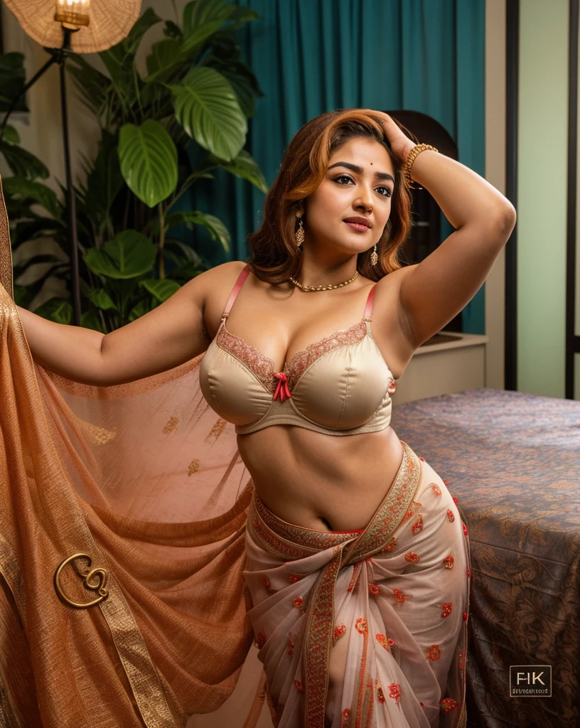 Foto RAW, photorealistic, photography, full body shot of ((Actress honey rose )) , ((actress honey rose)) ,master shot, goddess like beauty, Nayanthara as perfect thick chubby mallu Desi aunty bhabhi, Wearing a kanchivaram silk Stanapatta, a chest-band.Front hook tamil blouse model, model Photography, Tamil front hook silk torn blouse shoot, Tamil traditional ((front hook blouse)) advertising photography, traditional wear brand shoot, face of Indian actress Nayanthara , masterpiece, realistic, realism, incredible details, pleasure, photorealism, detailed skin, skin pores, high contrast, photorealistic Artstation 8k HD digital art trend of high definition and detailed realistic skin texture, ultra detail, realistic skin texture, armature, best quality, ultra high definition, (photorealistic:1.4),, high resolution, detail, raw photo, Re sharp, by Lee Jefferies Nikon D850 Film Stock Photo 4 Kodak Portra 400 Camera F1.6 Lens Rich Color Ultra Real Realistic Realistic Textures Dramatic Lighting Unreal Engine Trending at Art Station Cinestill 800,(pele altamente detalhada: 1.2), 8k UHD, DSLR, soft-lighting, alta qualidade, grain of film, Fujifilm XT3,she didn't like to wear blouse or bra, she happy to wear only saree, she hates blouse or bra, big boobs popping out and big cleavage