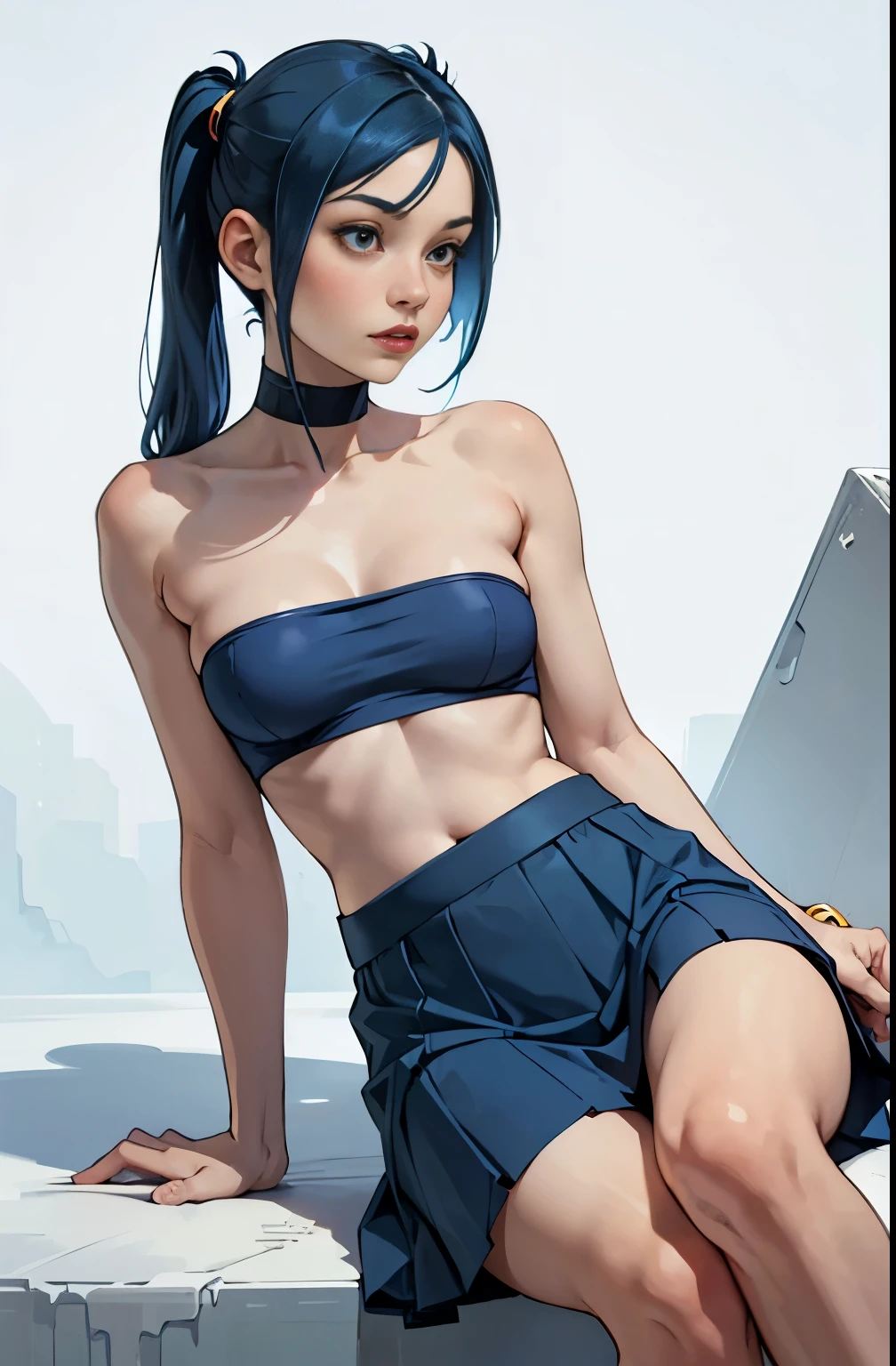 girl, hot, portrait, medium , slim, blue hair, high pigtail, pale skin, hot, soft or colored lips, blue strapless, blue short skirt, simple bottom, plain colors, blue bottom, perfect hands, perfect anatomy