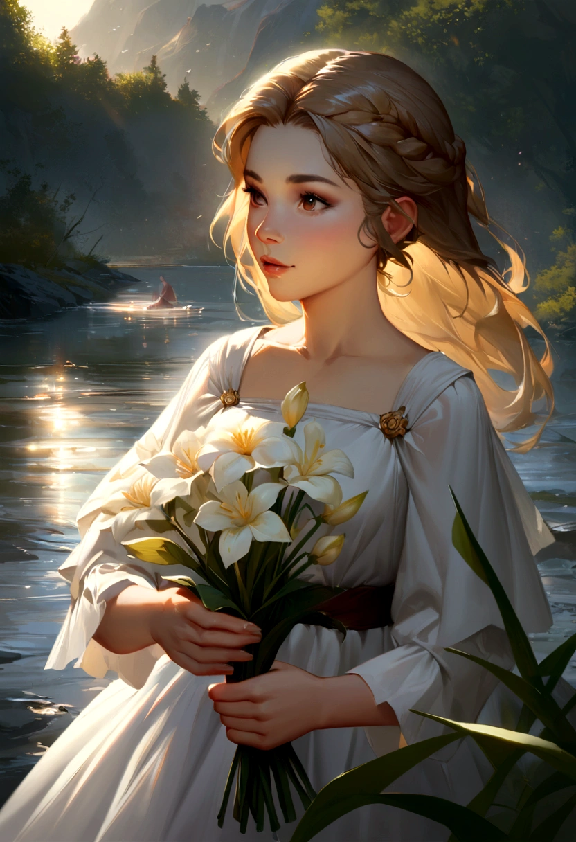 A young girl, by the river, catching flowers (Backlighting), Realistic, master part, extremely high quality, Reflexo da lente, sombra, florescer, [[chromatic aberration]], Directed by: Jeremy Lipking, Directed by: Antonio J. Manzanedo, pintura digital, Estilo-GlassFinal, textura natural da pele