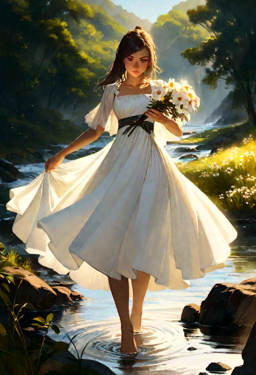 A young girl, by the river, catching flowers (Backlighting), Realistic, master part, extremely high quality, Reflexo da lente, sombra, florescer, [[chromatic aberration]], Directed by: Jeremy Lipking, Directed by: Antonio J. Manzanedo, pintura digital, Estilo-GlassFinal, textura natural da pele