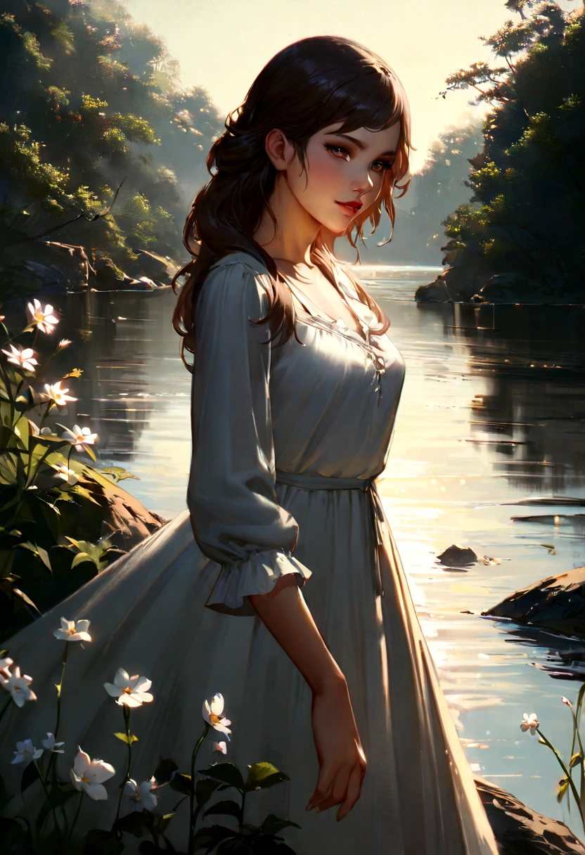 A young girl, by the river, catching flowers (Backlighting), Realistic, master part, extremely high quality, Reflexo da lente, sombra, florescer, [[chromatic aberration]], Directed by: Jeremy Lipking, Directed by: Antonio J. Manzanedo, pintura digital, Estilo-GlassFinal, textura natural da pele