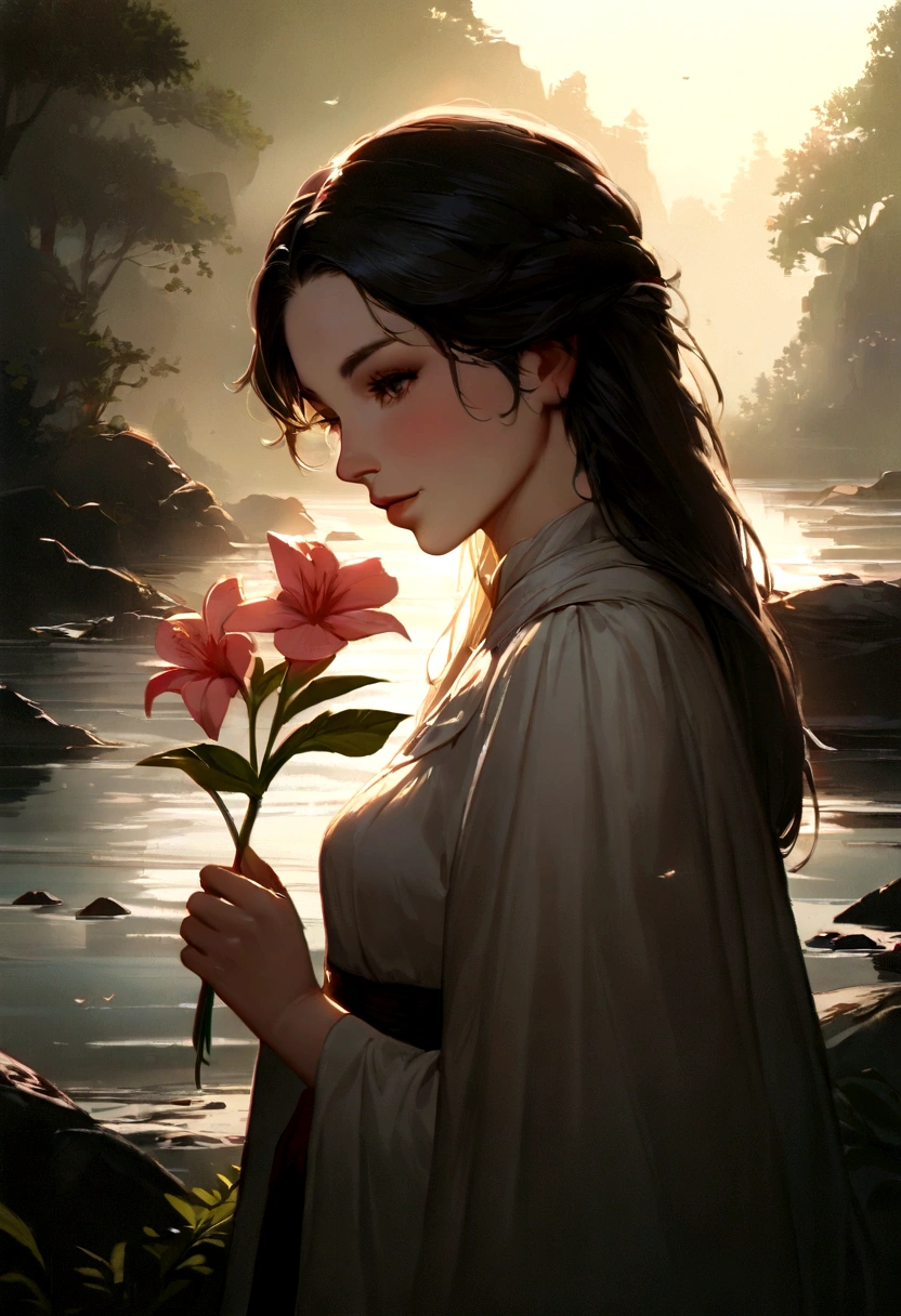 A young girl, by the river, catching flowers (Backlighting), Realistic, master part, extremely high quality, Reflexo da lente, sombra, florescer, [[chromatic aberration]], Directed by: Jeremy Lipking, Directed by: Antonio J. Manzanedo, pintura digital, Estilo-GlassFinal, textura natural da pele