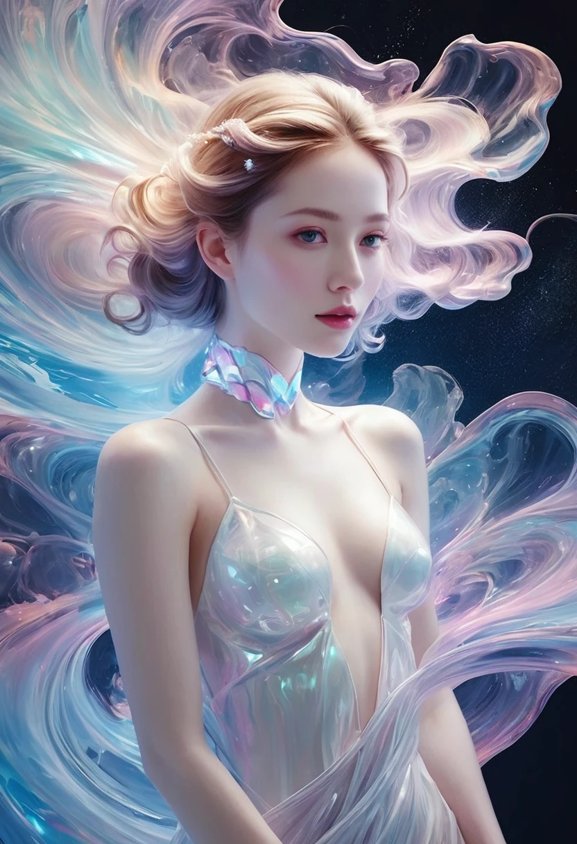 Painting of a beautiful young woman., Mysterious Waves at Night. 3d. White,Shallow. The beauty of the melting universe. Surrealism in Nebula Reflections. Glass texture,translucent,crystal