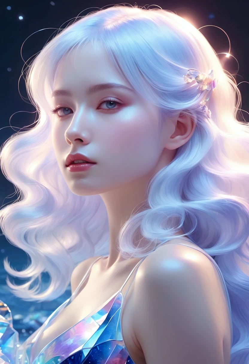 Painting of a beautiful young woman., Mysterious Waves at Night. 3d. White,Shallow. The beauty of the melting universe. Surrealism in Nebula Reflections. Glass texture,translucent,crystal