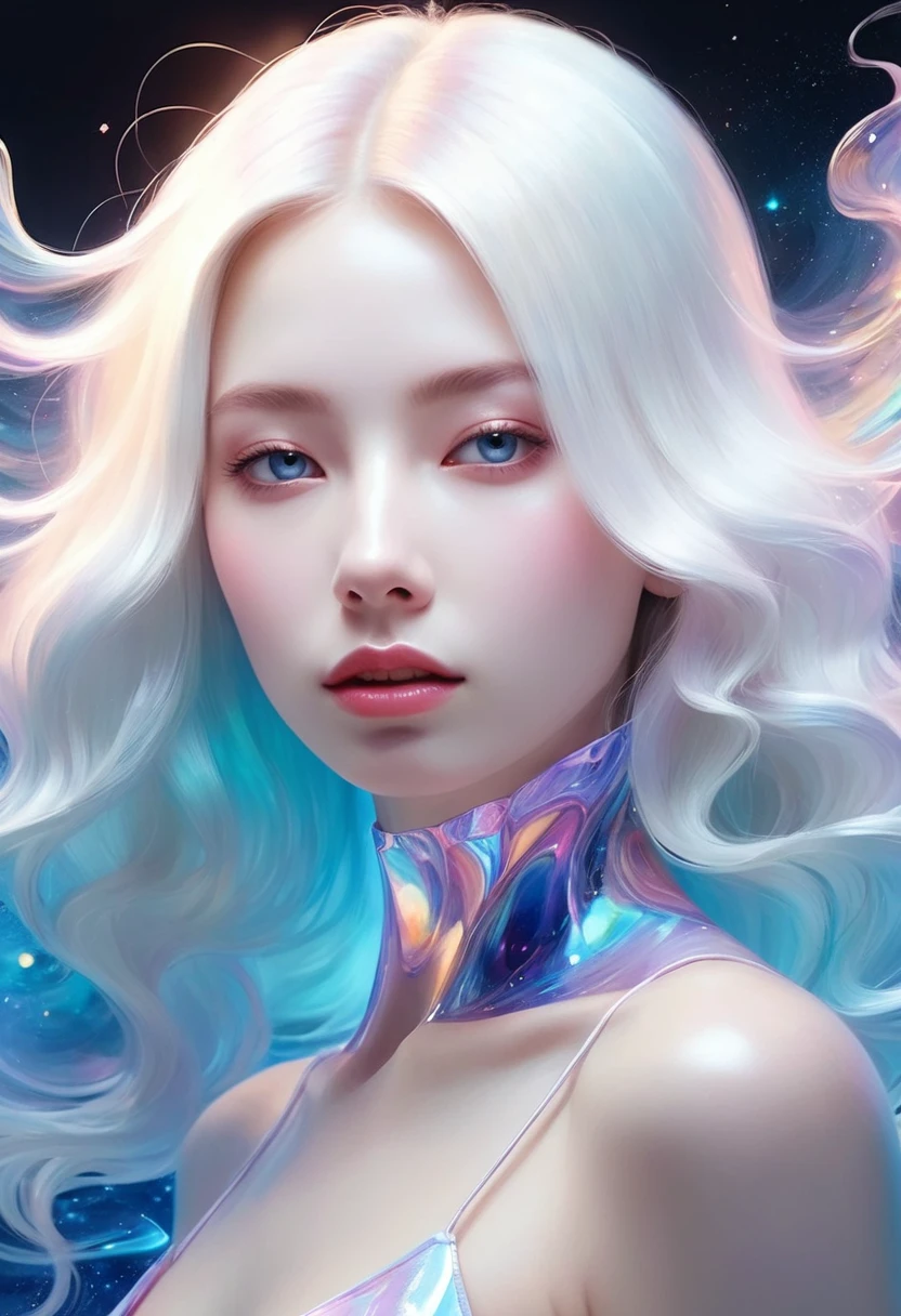Painting of a beautiful young woman., Mysterious Waves at Night. 3d. White,Shallow. The beauty of the melting universe. Surrealism in Nebula Reflections. Glass texture,translucent,crystal