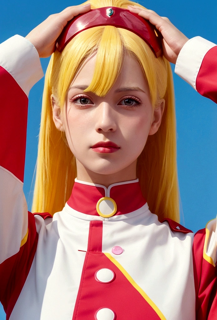 A photograph-style image of a woman with yellow hair, shoulder-length, wearing a pink uniform with red and white details. She is saluting and her face is turned to the left. The background features a large blue spaceship. The image is in a 16:9 aspect ratio.