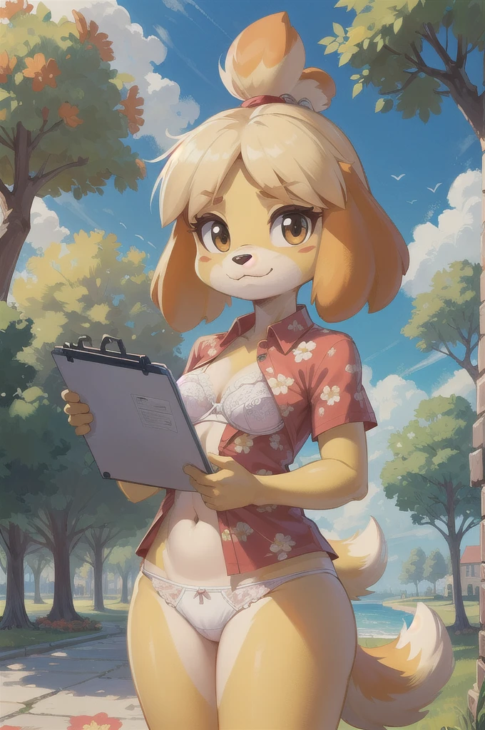 isabelle \(animal crossing\), furry, yellow skin, ((red floral shirt, open clothes, white bra, white panties)), tail, looking at viewer, serious, standing, outside, plaza, holding clipboard, trees, blue sky, high quality, masterpiece, :3, uper body, small breasts, navel,