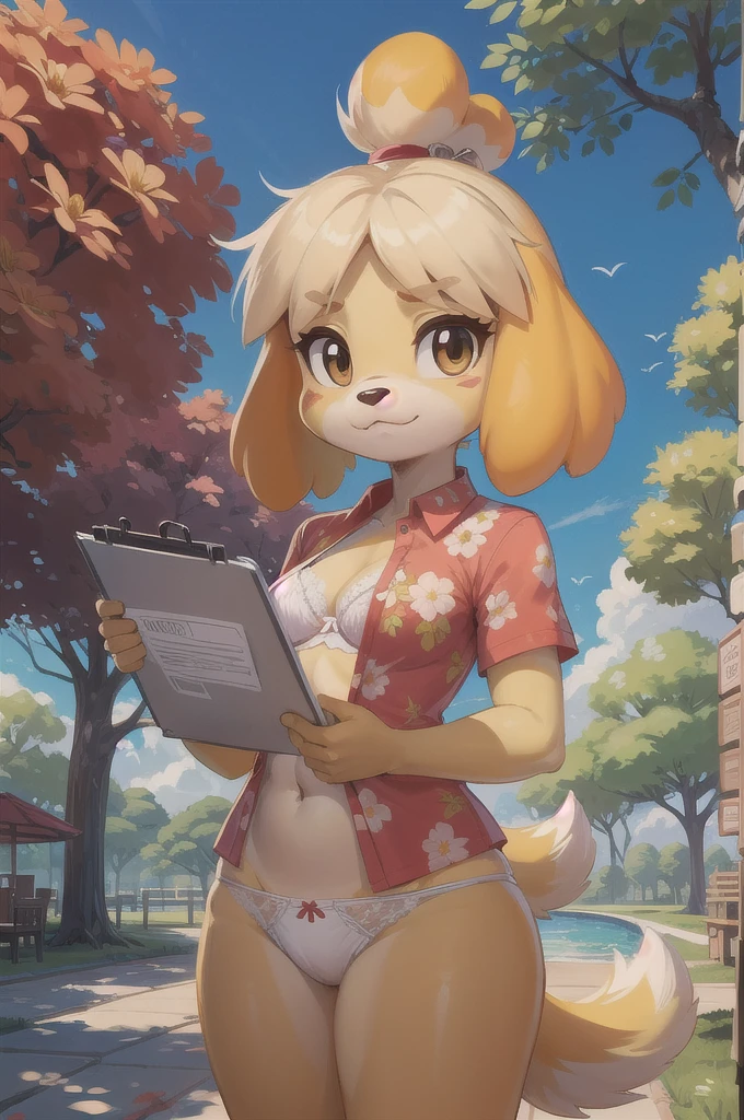 isabelle \(animal crossing\), furry, yellow skin, ((red floral shirt, open clothes, white bra, white panties)), tail, looking at viewer, serious, standing, outside, plaza, holding clipboard, trees, blue sky, high quality, masterpiece, :3, uper body, small breasts, navel,