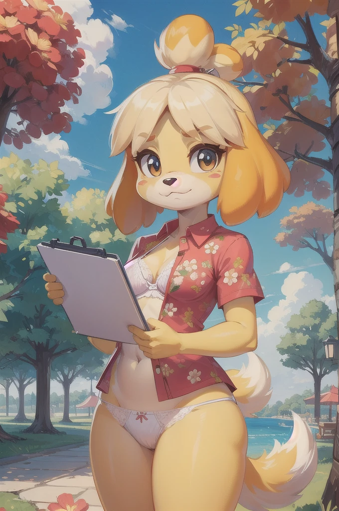 isabelle \(animal crossing\), furry, yellow skin, ((red floral shirt, open clothes, white bra, white panties)), tail, looking at viewer, serious, standing, outside, plaza, holding clipboard, trees, blue sky, high quality, masterpiece, :3, uper body, small breasts, navel,