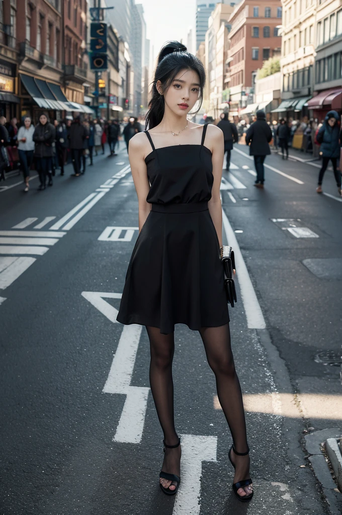 (((best quality))),(((ultra detailed))),(((masterpiece))),illustration,1girl,slim,vibrant cotton dress,short ponytail,flat chest,pantyhose,standing, bustling city streets, honking cars,surrounded by crowded crowds, colorful advertisements,enjoying sights and sounds,(dark black skin:1.5),(day scene:1.3),full body,arms behind back,sunshine,slender legs,sandals,sunshine