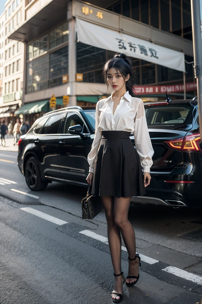 (((best quality))),(((ultra detailed))),(((masterpiece))),illustration,1girl,slim,vibrant cotton dress,short ponytail,flat chest,pantyhose,standing, bustling city streets, honking cars,surrounded by crowded crowds, colorful advertisements,enjoying sights and sounds,(dark black skin:1.5),(day scene:1.3),full body,arms behind back,sunshine,slender legs,sandals,sunshine