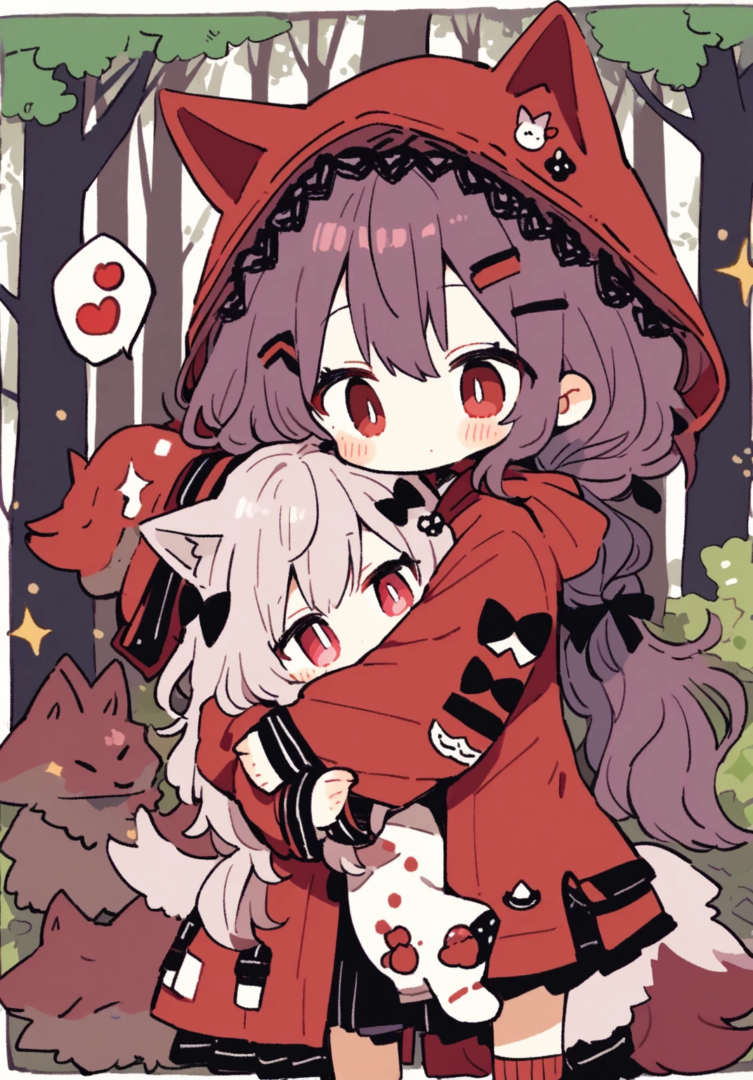 tegaki chibi 2girls red hooded boy and man wolf ears hug in the forest gothic lolita