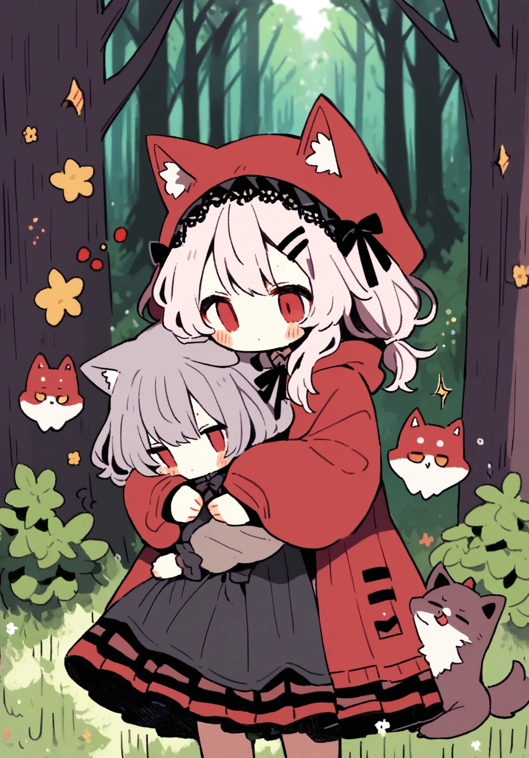 tegaki chibi 2girls red hooded boy and man wolf ears hug in the forest gothic ta