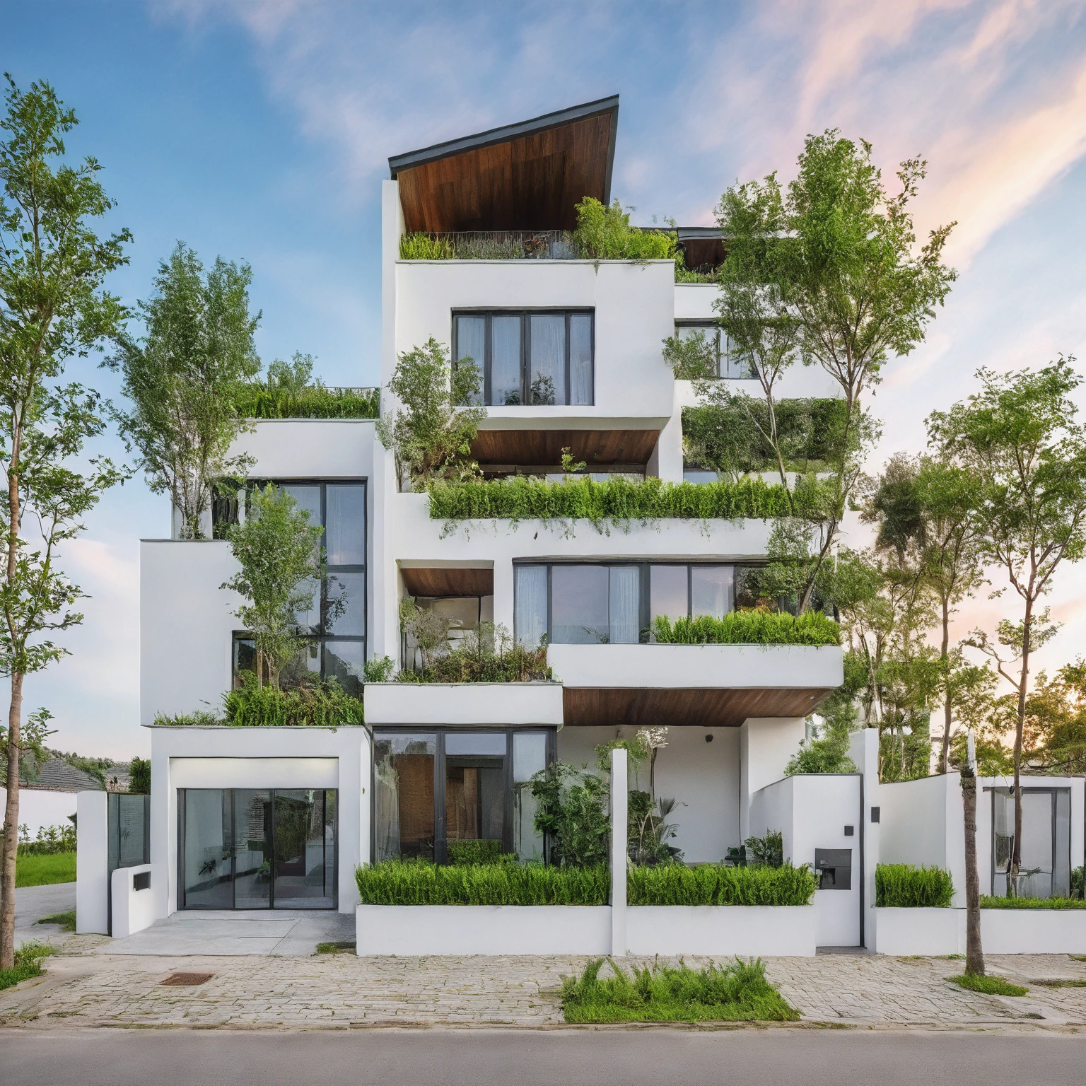 Masterpiece, high quality, best quality, authentic, super detail, outdoors, house style modern, bietthuhn, white wall, glass windows, gate road, pavement, grass, trees, Beautiful_sky, SUNSET, (day:1.1), realistic lighting