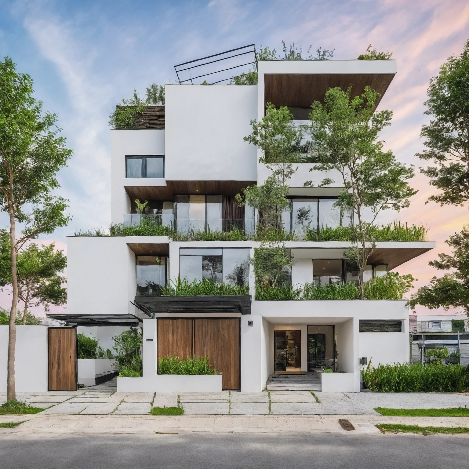 Masterpiece, high quality, best quality, authentic, super detail, outdoors, house style modern, bietthuhn, white wall, glass windows, gate road, pavement, grass, trees, Beautiful_sky, SUNSET, (day:1.1), realistic lighting
