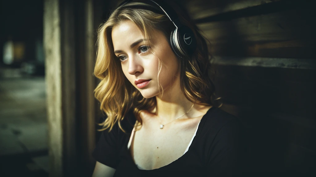 Beautiful blonde with big breasts in a black T-shirt (Sitting in tears in the dark ruins),Wearing headphones,Very detailed, 21 years old, Innocent face, Naturally Wavy Hair, blue eyes, High resolution, masterpiece, Highest quality, Intricate details, Very detailed, Clear focus, Delicate skin, practical skin texture, texture, Delicate eyes, Professional, 4K, Sad crying face, Shot with Canon, 85mm, Shallow and deep, Kodak Vision Color, Exactly, Very detailed, photograph_\(Extremist\), photographpractical, practical, Post-processing, Maximum details, Roughness, Real Life, Extremist practical, Photorealism, photographgraphy, 8K Ultra HD, photographgraphy