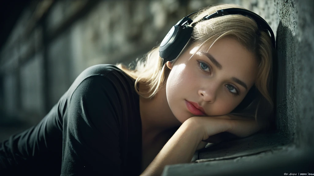 Beautiful blonde with big breasts in a black T-shirt (Sitting in tears in the dark ruins),Wearing headphones,Very detailed, 21 years old, Innocent face, Naturally Wavy Hair, blue eyes, High resolution, masterpiece, Highest quality, Intricate details, Very detailed, Clear focus, Delicate skin, practical skin texture, texture, Delicate eyes, Professional, 4K, Sad crying face, Shot with Canon, 85mm, Shallow and deep,  Kodak Vision Color, Exactly, Very detailed, photograph_\(Extremist\), photographpractical, practical, Post-processing, Maximum details, Roughness, Real Life, Extremist practical, Photorealism, photographgraphy, 8K Ultra HD, photographgraphy