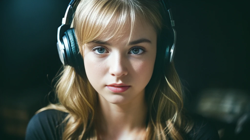 Beautiful blonde with big breasts in a black T-shirt (Sitting in tears in the dark ruins),Wearing headphones,Very detailed, 21 years old, Innocent face, Naturally Wavy Hair, blue eyes, High resolution, masterpiece, Highest quality, Intricate details, Very detailed, Clear focus, Delicate skin, practical skin texture, texture, Delicate eyes, Professional, 4K, Sad crying face, Shot with Canon, 85mm, Shallow and deep, Kodak Vision Color, Exactly, Very detailed, photograph_\(Extremist\), photographpractical, practical, Post-processing, Maximum details, Roughness, Real Life, Extremist practical, Photorealism, photographgraphy, 8K Ultra HD, photographgraphy