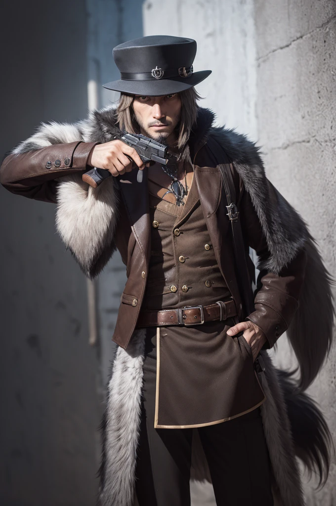 Detetive,wolf cut,hat,pistol,
