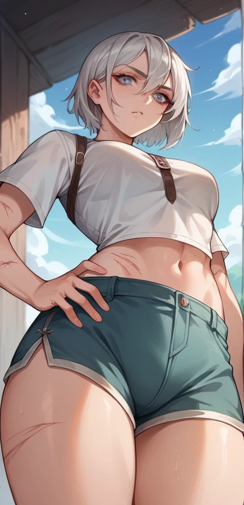 Pale skinned woman with burn scars on her left arm and below her left eye with silver hair, small tits, big hips and silver colored eyes. shorts and medieval tight shirt