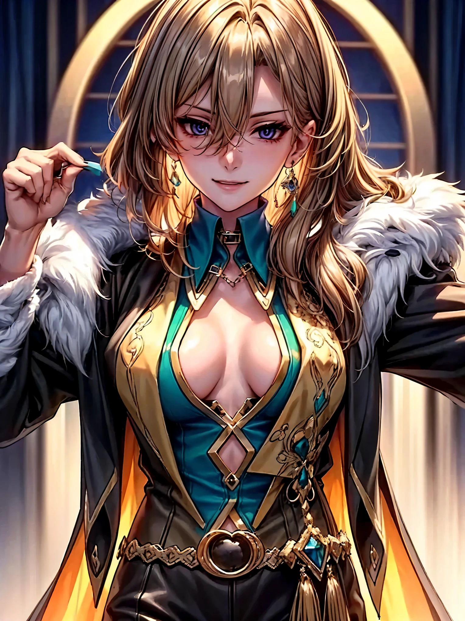 top-quality、tmasterpiece、Very high resolution、super high image quality、High-quality pixels)、perfect eyes, perfect face, perfect body figure，solo，(one woman: 1.3), 8K, (extra-large breasts:1.3)，(Detailed description of hair), (Detailed description of face),(Detailed description of body), fair and clear skin, matchless beauty, long legged, (long light brown hair:1.3), hair between eyes, detailed three-concentric-circles eye, shirt, single earing, mild ssmile, black coat, fur trim, casino inside, jewelry, cowboy shot