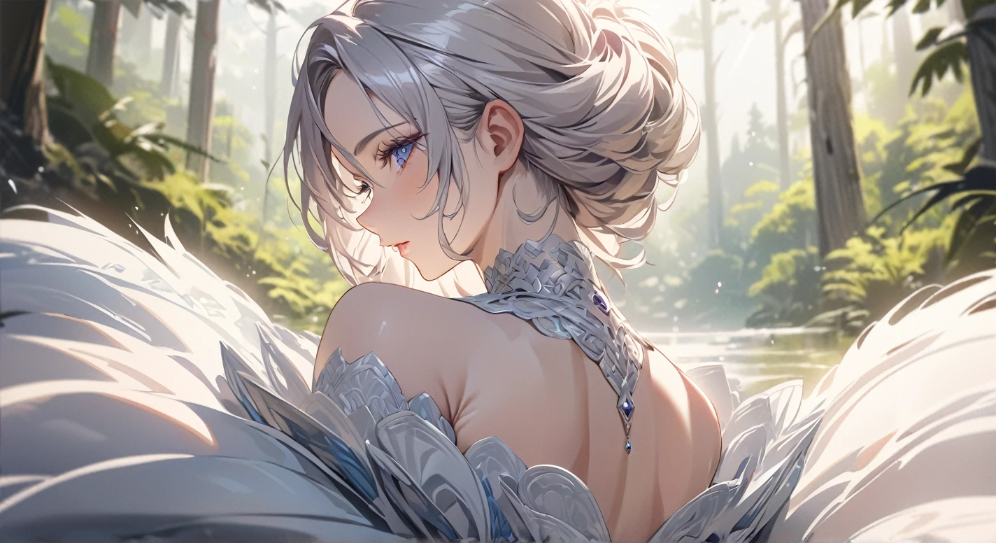 Vector, best quality, 8k, high resolution, high quality, a graceful lady, her hair cascading down her back, Beautiful Woman, perfect detailed face, detailed symmetric eyes with circular iris soft natural lighting, symmetrical, natural skin texture, detailed face, photorealism, soft pastel colors sparkling, forest background, photorealistic painting, sharp focus, 8k, perfect composition, cinematic smooth, intricate detail, highly detailed, hyper-detailed dress and hair, with a big white Alpha dominant wolf beside her