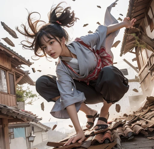 (masterpiece),(best quality:1.5), (ultra highres:1.5),Japanese woman in kimono landing on roof、Acrobatics、Twisting the body、Gaze Here、Close your mouth、A confident and serious look、Place your right hand on the ground、Extend your left hand back、Collapsed Japanese house、Flying debris、Soaring dust、Parkour-like movements、Tie your hair back、Sober kimono、Ninja Style、Sarashi on the ankle、Ninja-like sandals、Landing on the roof、You can see the sky in the background、Smoke is rising in the distance。