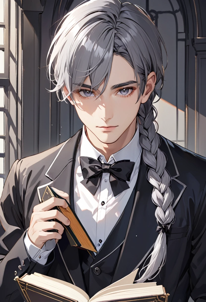 solo, looking at viewer, shirt, black hair, long sleeves, 1boy, bow, holding, jacket, white shirt, upper body, braid, gray hair, male focus, bowtie, black jacket, book, single braid, black bow,