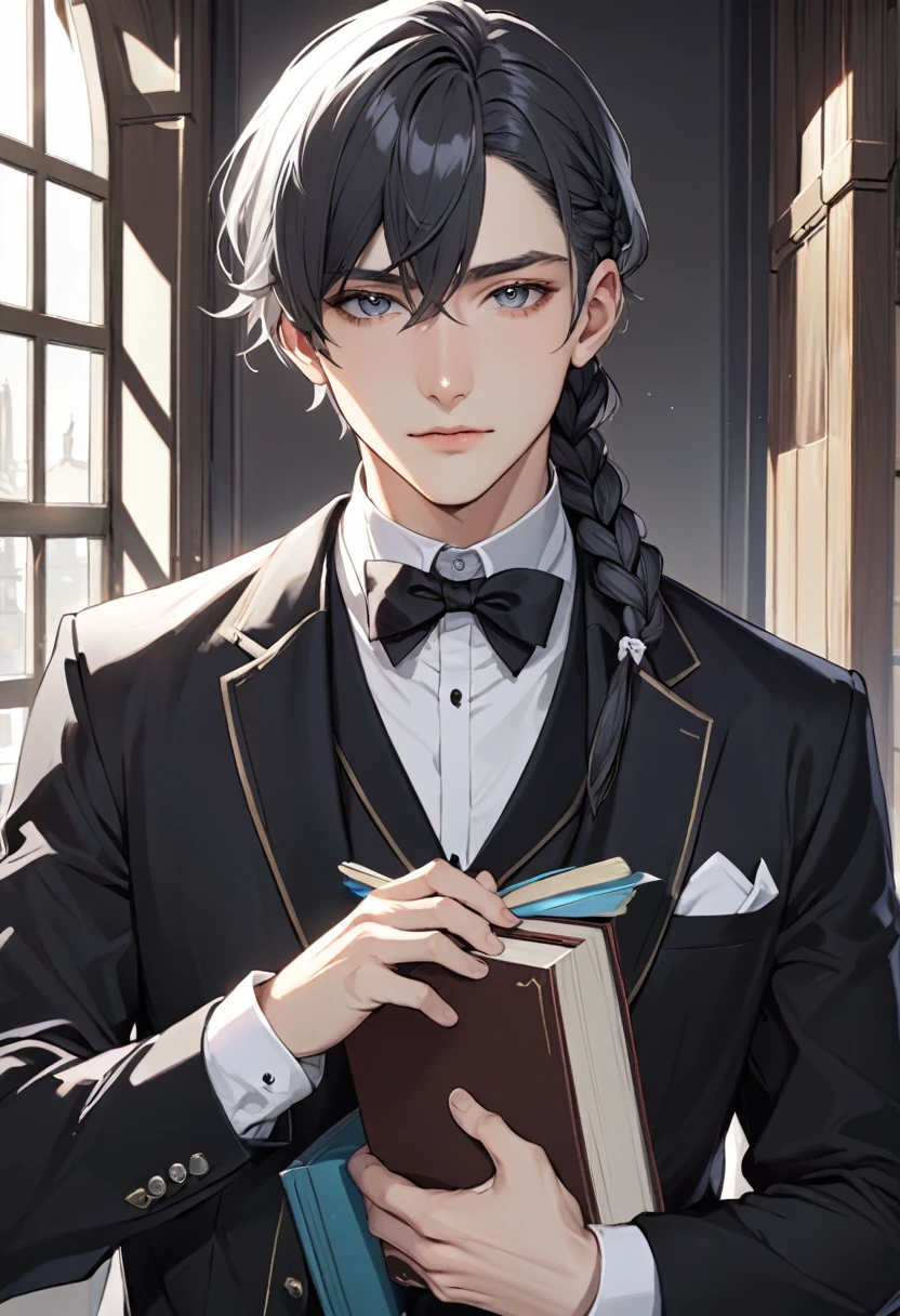 solo, looking at viewer, shirt, black hair, long sleeves, 1boy, bow, holding, jacket, white shirt, upper body, braid, gray hair, male focus, bowtie, black jacket, book, single braid, black bow,