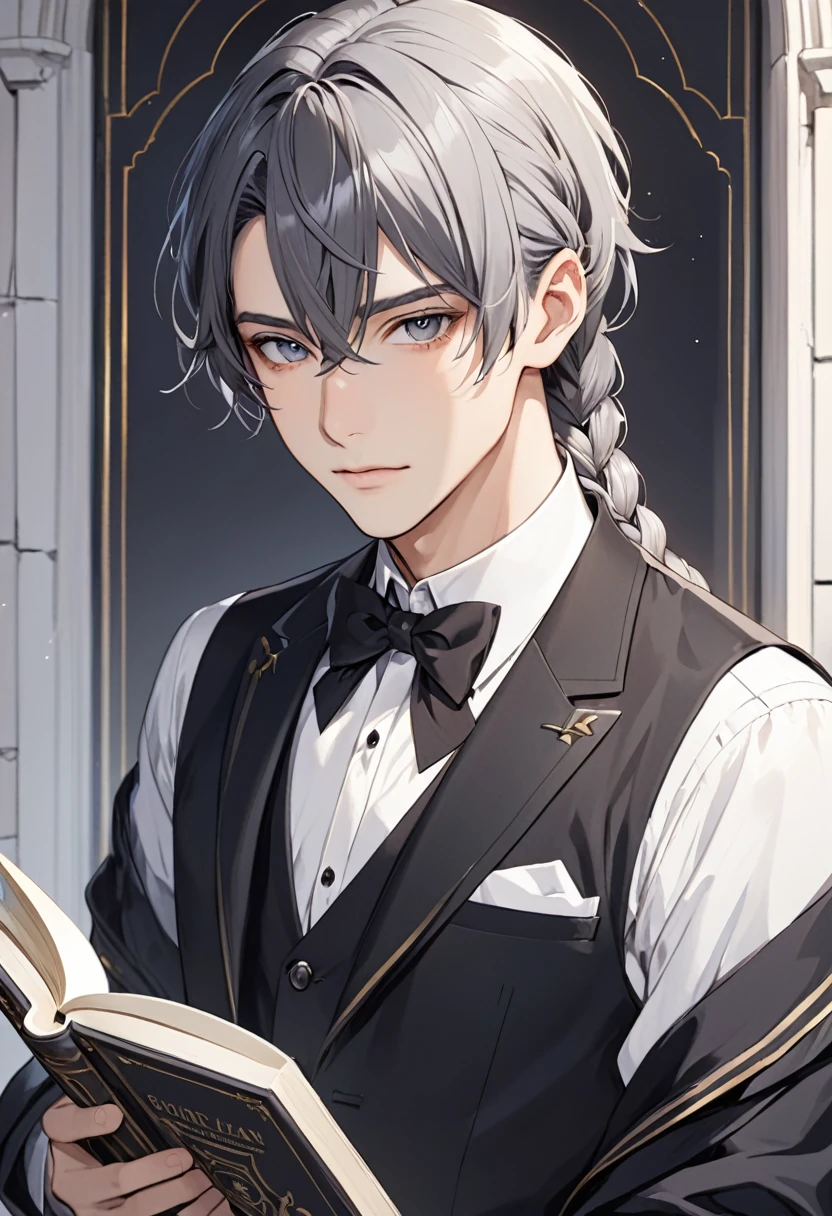 solo, looking at viewer, shirt, black hair, long sleeves, 1boy, bow, holding, jacket, white shirt, upper body, braid, gray hair, male focus, bowtie, black jacket, book, single braid, black bow,