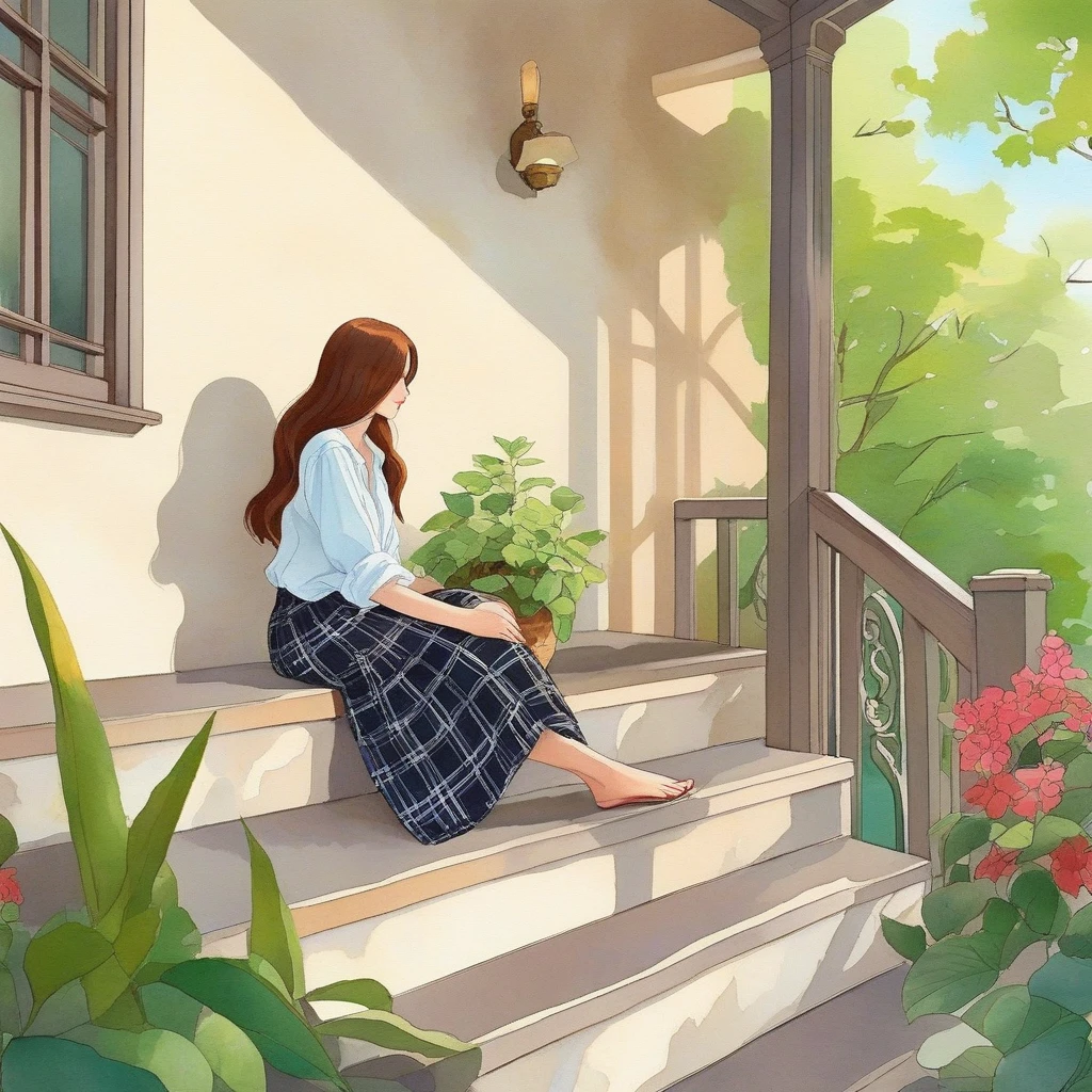 anime,Imagine a serene setting where a Brazilian woman is the centerpiece of a tranquil watercolor scene. She sits comfortably on a concrete porch, her posture relaxed. Her straight blonde hair cascades over her shoulders, providing a lovely contrast to her light blue blouse and floral skirt. The red of her lips adds a pop of color that draws your eye, while her black flip-flops suggest a casual elegance. Beside her, a brown plaid bag rests against the porch railing, hinting at a story yet to be told. The setting is simple yet inviting: a beige wall with a window offering a glimpse of a tranquil interior and potted plants that add a touch of greenery and life to the composition.