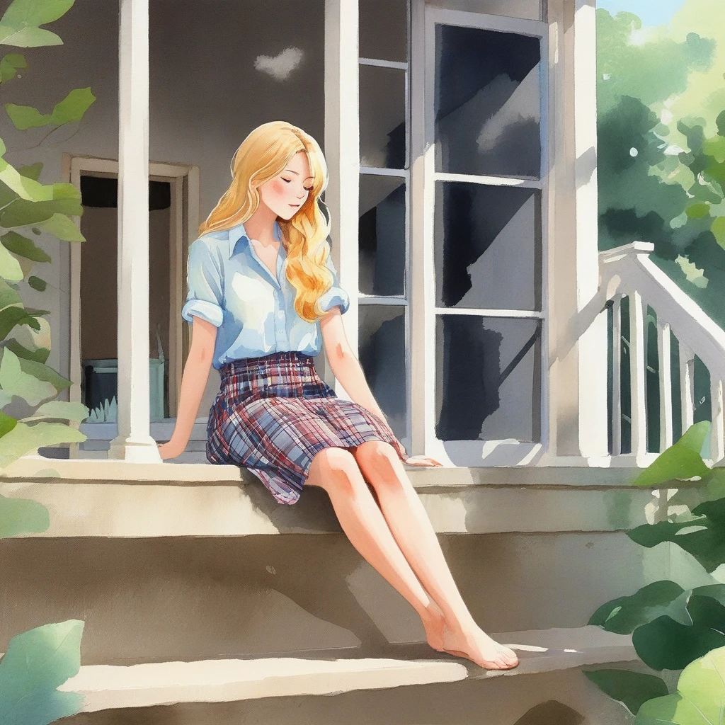 anime,Imagine a serene setting where a Brazilian woman is the centerpiece of a tranquil watercolor scene. She sits comfortably on a concrete porch, her posture relaxed. Her straight blonde hair cascades over her shoulders, providing a lovely contrast to her light blue blouse and floral skirt. The red of her lips adds a pop of color that draws your eye, while her black flip-flops suggest a casual elegance. Beside her, a brown plaid bag rests against the porch railing, hinting at a story yet to be told. The setting is simple yet inviting: a beige wall with a window offering a glimpse of a tranquil interior and potted plants that add a touch of greenery and life to the composition.