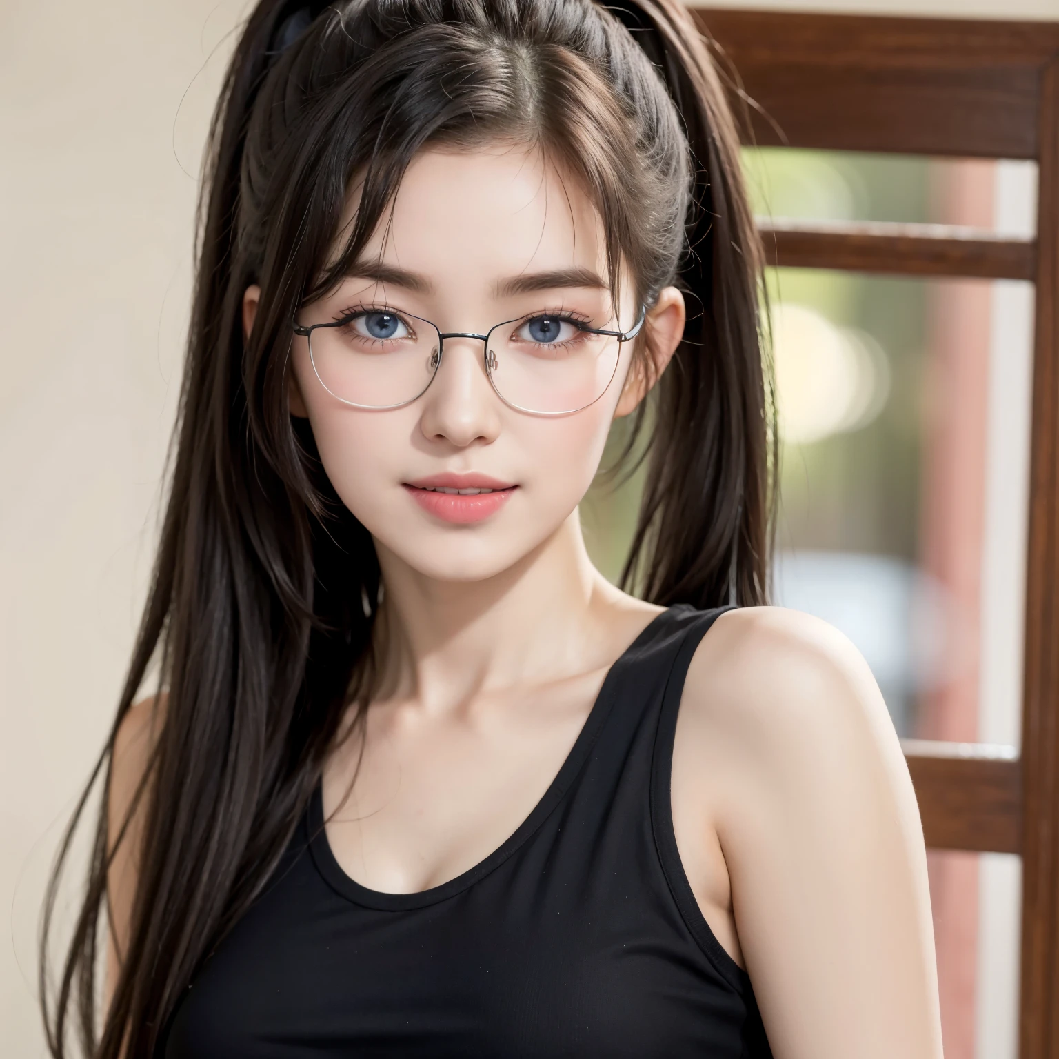 Best quality, masterpiece, detailed, RAW, 4k, hd images, 1 girl, white skin, long hair, ponytail, layers hair, bangs, black hair, beautiful girl, cute girl, sweet girl, pretty girl,perfect girl, pretty eyes, blue eyes, thin lips, pink lips, thin, perfect , potrait, glasses, at home, smile, 17 years old, sport tank top, upper body, sexy