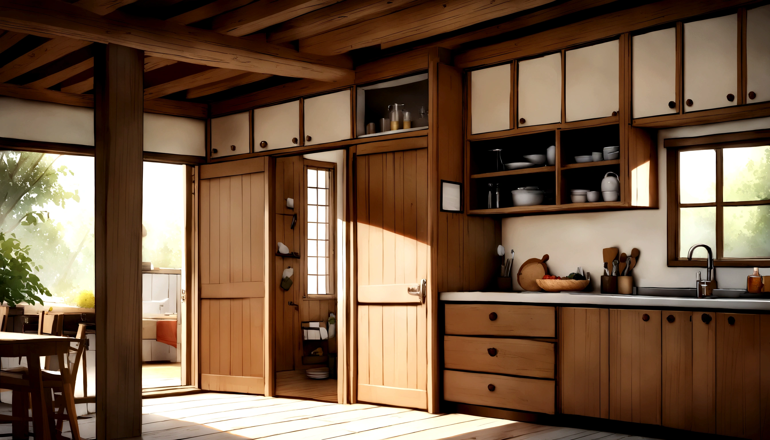 inside wood home with a front door on the left and an entrance to a kitchen on the right slightly run down and good detail