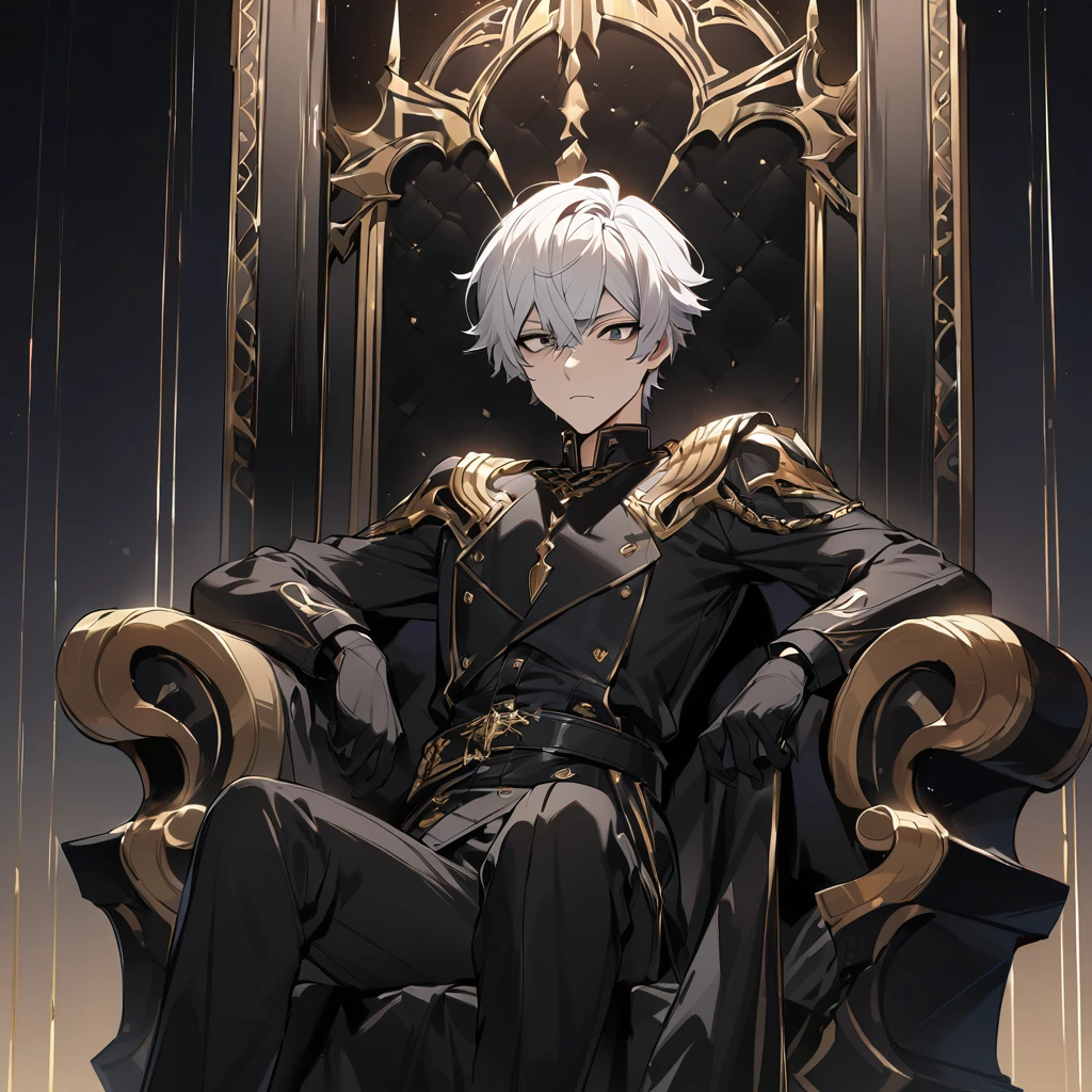 High quality, hd, 4k, handsome, 1male, , stoic, white hair, short hair, black eyes, sharp eyes, black leather clothing, black pants, black gloves, looking at viwer, golden lines, sitting on a throne, black throne, dark background, gold background