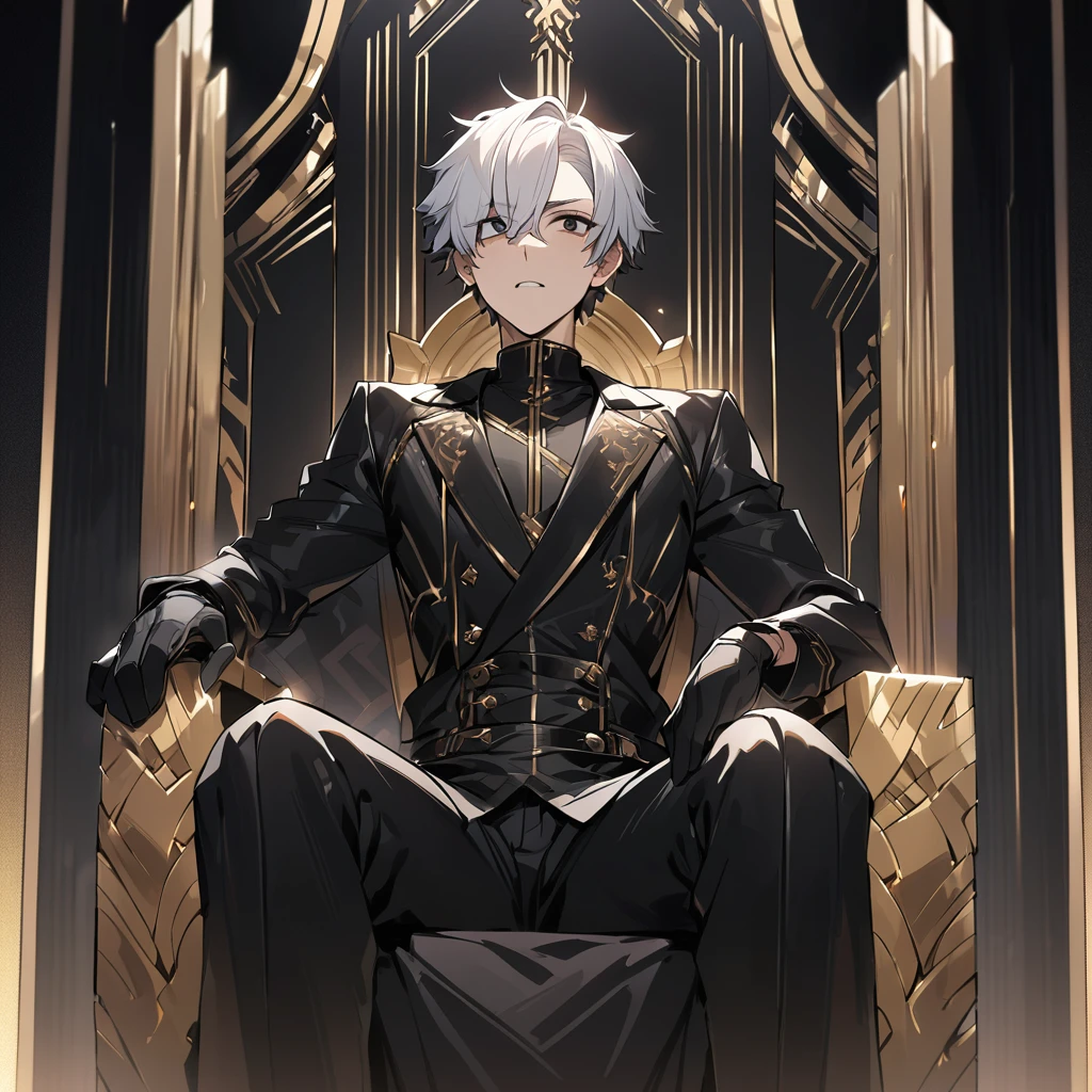 High quality, hd, 4k, handsome, 1male, 17 years old, stoic, white hair, short hair, black eyes, sharp eyes, black leather clothing, black pants, black gloves, looking at viwer, golden lines, sitting on a throne, black throne, dark background, gold background