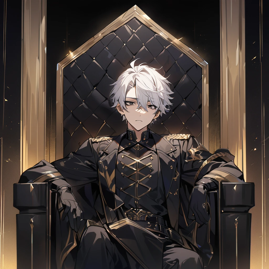 High quality, hd, 4k, handsome, 1male, 17 years old, stoic, white hair, short hair, black eyes, sharp eyes, black leather clothing, black pants, black gloves, looking at viwer, golden lines, sitting on a throne, black throne, dark background, gold background