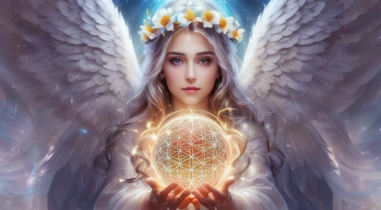 a woman holding a Flower of Life ball with wings, Flower of Life, ethereal Angelic being of light, divine woman, glowing Angelic being, Flower Goddess, Angelic halo, Angelic, Angelic light, Angelic purity, Heavenly Goddess, Metatron, Guardian of Life, Goddess of Light, Marie Angel, Goddess of love and peace, The Divine Female Power of the Universe