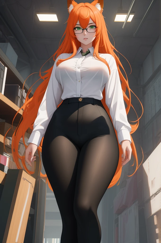 (masterpiece, Best quality), 8K, ultra detailed, realistic photo, Detailed face, perfect lighting, green eyes, bright orange hair, bright hair, fox ears, nice legs, side photo, beautiful, Cute, skin pores, 1 girl, perfect shirt, fully dressed, beautiful women 30 years old, Beautiful proportions, Russian woman, Caucasian, European, Business lady, stunningly beautiful woman, mother, thick legs, show ass, big breasts, (Thin white shirt:1.4), thick, hot, (White Office Wear:1.4), tight pants, (wide hips:1.2), thick, (white Office pants:1.3), spread your legs, Legs open, full length, wide hips, Glasses, with long orange hair, standing on the beach near the ocean, green eyes detailed digital anime art, cat ear, anime girl with long hair, гладкое аниме cg art, anime girl with long hair, digital anime art, work in Guweiz style, Beautiful anime portrait, Photorealistic render of an anime girl, pantyhose, Beautiful anime girl, advanced digital anime art, guweiz на artstation pixiv HD UHD HQ