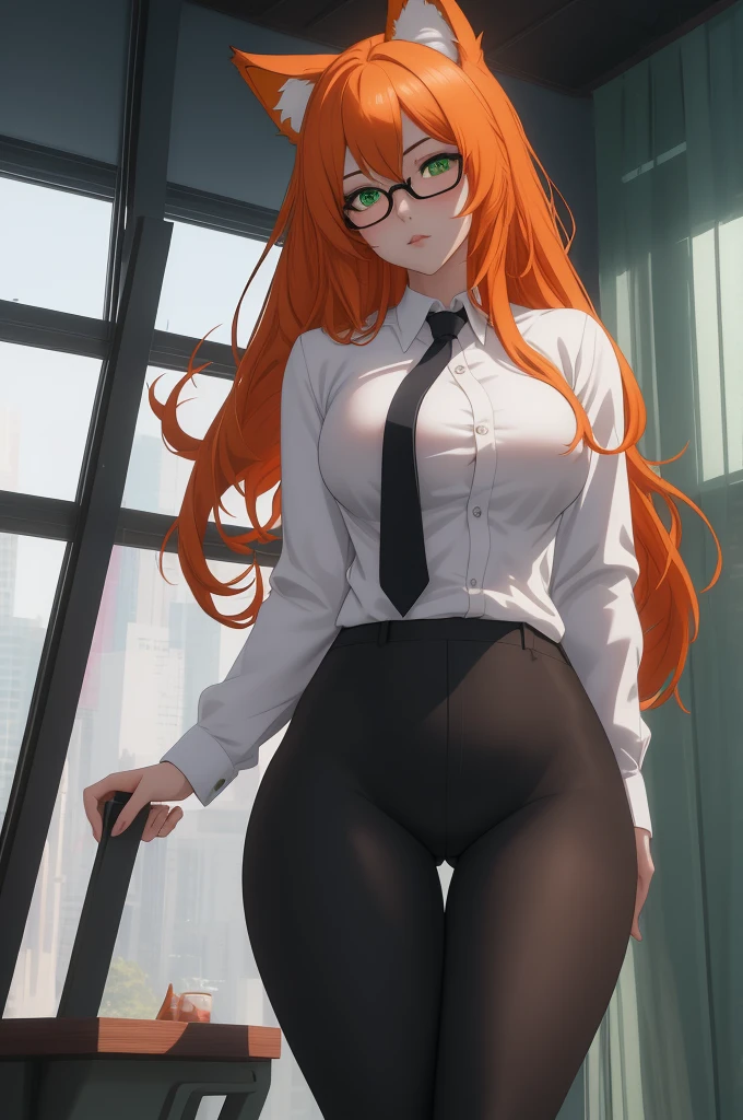 (masterpiece, Best quality), 8K, ultra detailed, realistic photo, Detailed face, perfect lighting, green eyes, bright orange hair, bright hair, fox ears, nice legs, side photo, beautiful, Cute, skin pores, 1 girl, perfect shirt, fully dressed, beautiful women 30 years old, Beautiful proportions, Russian woman, Caucasian, European, Business lady, stunningly beautiful woman, mother, thick legs, show ass, big breasts, (Thin white shirt:1.4), thick, hot, (White Office Wear:1.4), tight pants, (wide hips:1.2), thick, (white Office pants:1.3), spread your legs, Legs open, full length, wide hips, Glasses, with long orange hair, standing on the beach near the ocean, green eyes detailed digital anime art, cat ear, anime girl with long hair, гладкое аниме cg art, anime girl with long hair, digital anime art, work in Guweiz style, Beautiful anime portrait, Photorealistic render of an anime girl, pantyhose, Beautiful anime girl, advanced digital anime art, guweiz на artstation pixiv HD UHD HQ