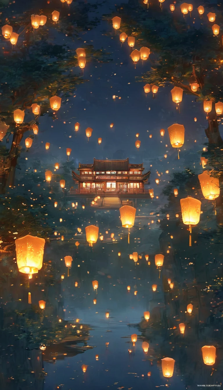1.Place the river lanterns by the river,(((Kongming Lantern Wishing Lantern)))Many sky lanterns are lit on the water, floating lights, Lights and reflections, Glowing lights! Intermediate Metaverse Elements,number, glowing reflections, think. author:Shinkai Makoto, Water Lanterns, A quiet night. Digital Illustration, Beautiful Ambience, Night sky lights, Peaceful evening atmosphere, 美丽的number艺术作品, Low Detail. number, Beautiful Ambience