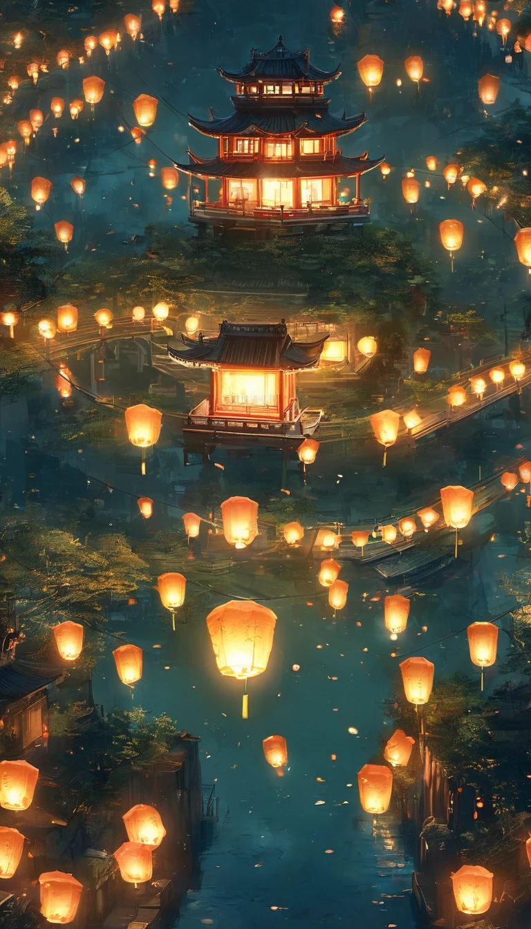 1.Place the river lanterns by the river，(((Kongming Lantern Wishing Lantern)))Many sky lanterns are lit on the water, floating lights, Lights and reflections, Glowing lights! Intermediate Metaverse Elements，number, glowing reflections, think. author：Shinkai Makoto, Water Lanterns, A quiet night. Digital Illustration, Beautiful Ambience, Night sky lights, Peaceful evening atmosphere, 美丽的number艺术作品, Low Detail. number, Beautiful Ambience