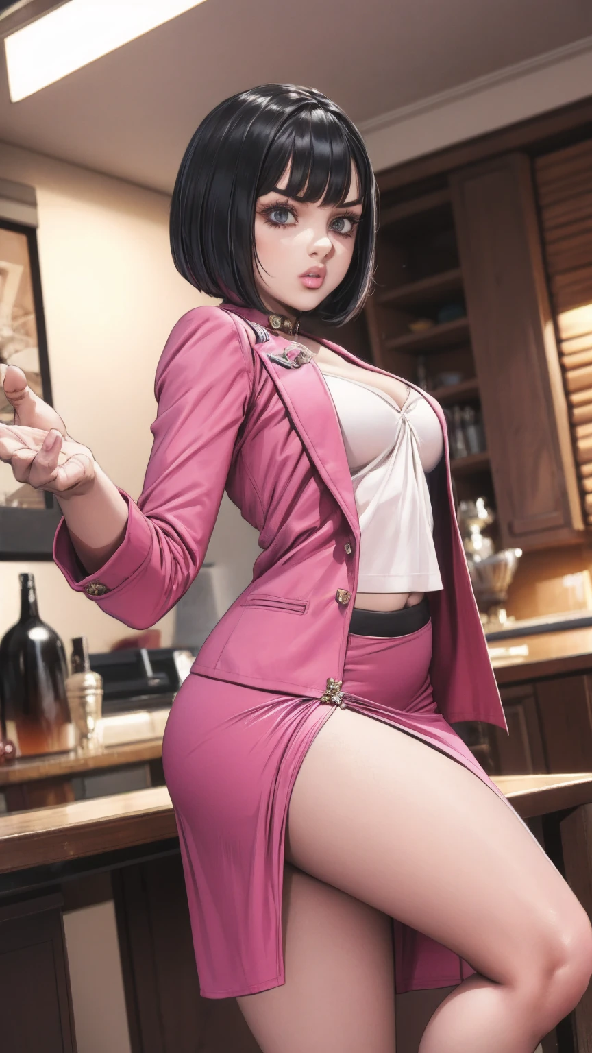 Girl hair cut Bob pink jojo pose  jacket open  snikkers Black 