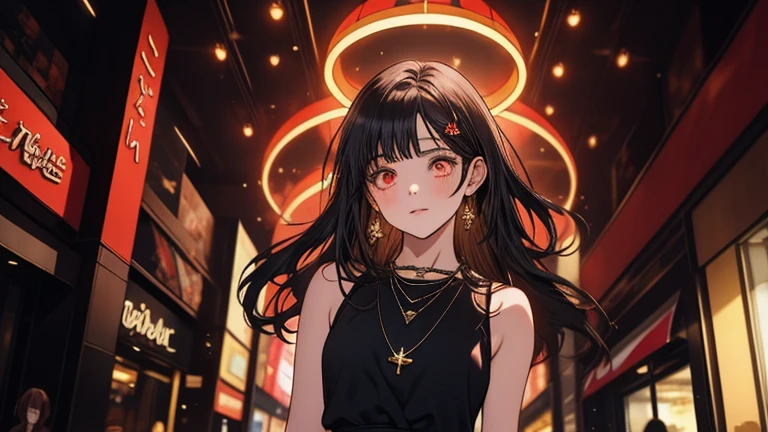 a girl with long black hair, pale skin, wearing a sleeveless black mini dress and a necklace, anime character, she helping a customer, her hand again briefly glowing red unnoticed. set against a colorful, busy shopping mall boutique store, ultra-detailed, 8k, photorealistic, portrait, dramatic lighting, cinematic, highly detailed face, elegant, intricate details, striking pose, vibrant colors, dramatic shadows, hyper-realistic, masterpiece, wide shot